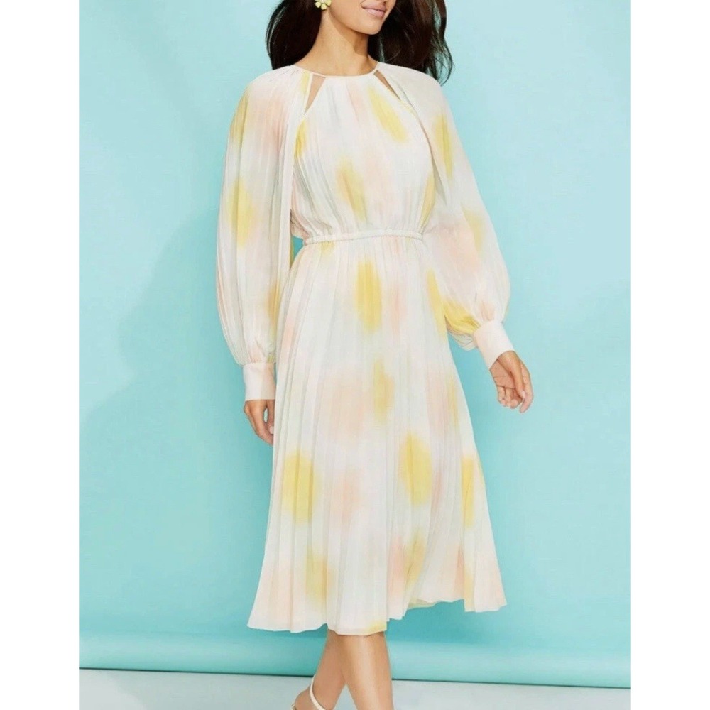 Gibson Latimer Pleated Midi Dress S Watercolor Pastel Multi Color Long Sleeve